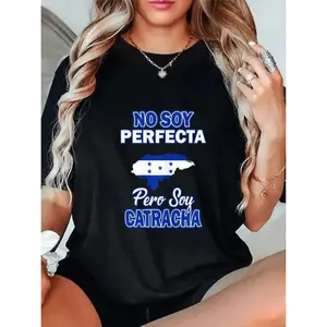 Women's "No Soy Perfecta" Honduras Pride T-Shirt - Solid Black Casual Round Neck Tee with Honduran Flag Graphic & National Pride Slogan, Comfort Fit Machine Washable Camisa Catracha Fashion, Digital Print Everyday Short Sleeve Top