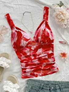 Elegant Chic Sleeveless Floral Print Crop Top, Ruched Tie Front Design, Perfect for Casual & Party Wear, Women's Fashion Must-Have