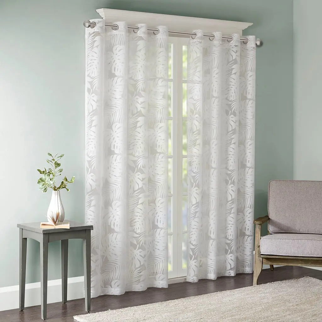 White Semi-Sheer Curtain Panel with Palm Leaf Burnout, 50x95 Inches, Rod Pocket Voile Drapes for Living Room, Bedroom, Boho Tropical Window Treatment
