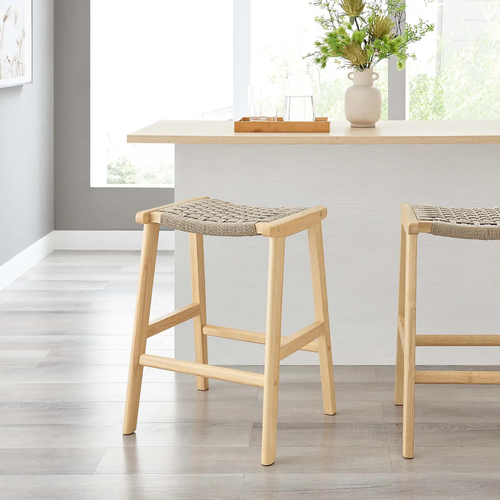 Modway Saoirse Woven Rope Wood Counter Stools - Set of 2, Natural Modern Bar Stools for Indoor Furniture