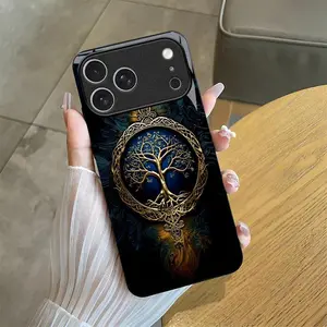 Suitable for [iPhone 17 Pro Max] high-end phone case🤩， high-end patterns，blue and gold tree of life pattern new black phone，drop-resistant and fingerprint-proof YM99