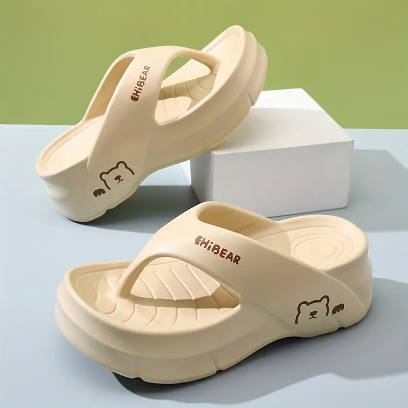 Men's Cute Cartoon Pattern EVA Flip-Flops - Thick Sole Wedge Split-Toe Wear-Resistant Footwear, Solid Color Versatile High-End Shoe for Indoor & Outdoor Use