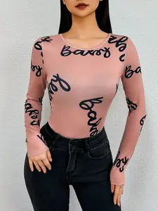 Women's Long Sleeve  Comfy and Stylish Bodysuit，for All Seasons，Artistic Print Stretchy One-piece Bodysuit，Dopamine dressin-LTY77