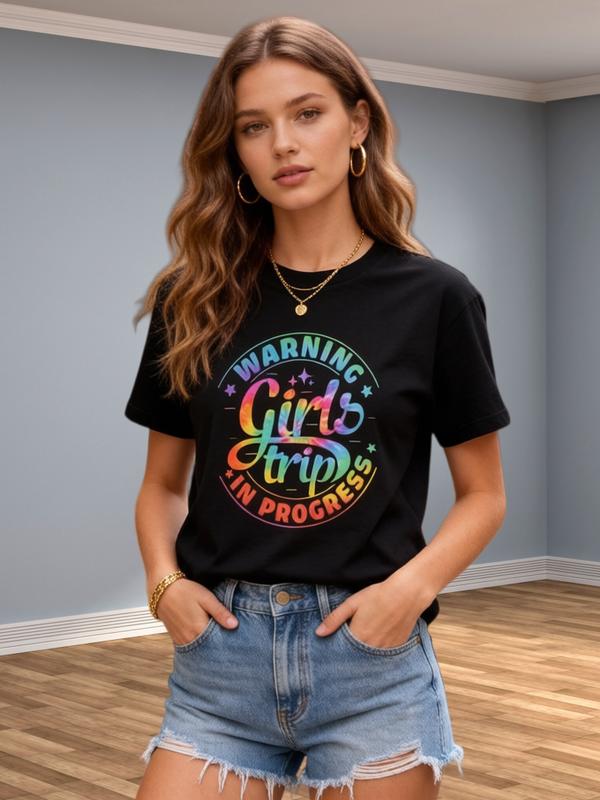 Women's Fitted Pure Cotton Short Sleeve Crew Neck Tie Dye Casual Tee - Vintage 'Warning Girls Trip' Colorful Print, Printed Front, Backless Streetwear, Lightweight, Plus Size, Pull On, Valentine's Day, Halloween Essential