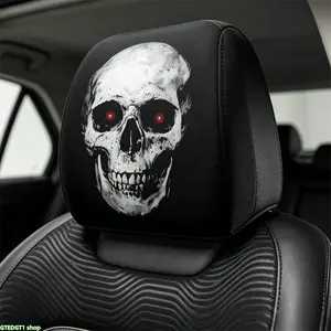 2 PCS Gothic Style Red Glowing Eye Skull Print Car Headrest Covers, Universal Elastic Soft Headrest Protector, Spooky Horror Skeleton Pattern Auto Seat Head Rest Covers for SUV, Truck, Sedan, Car Interior Decor Accessories