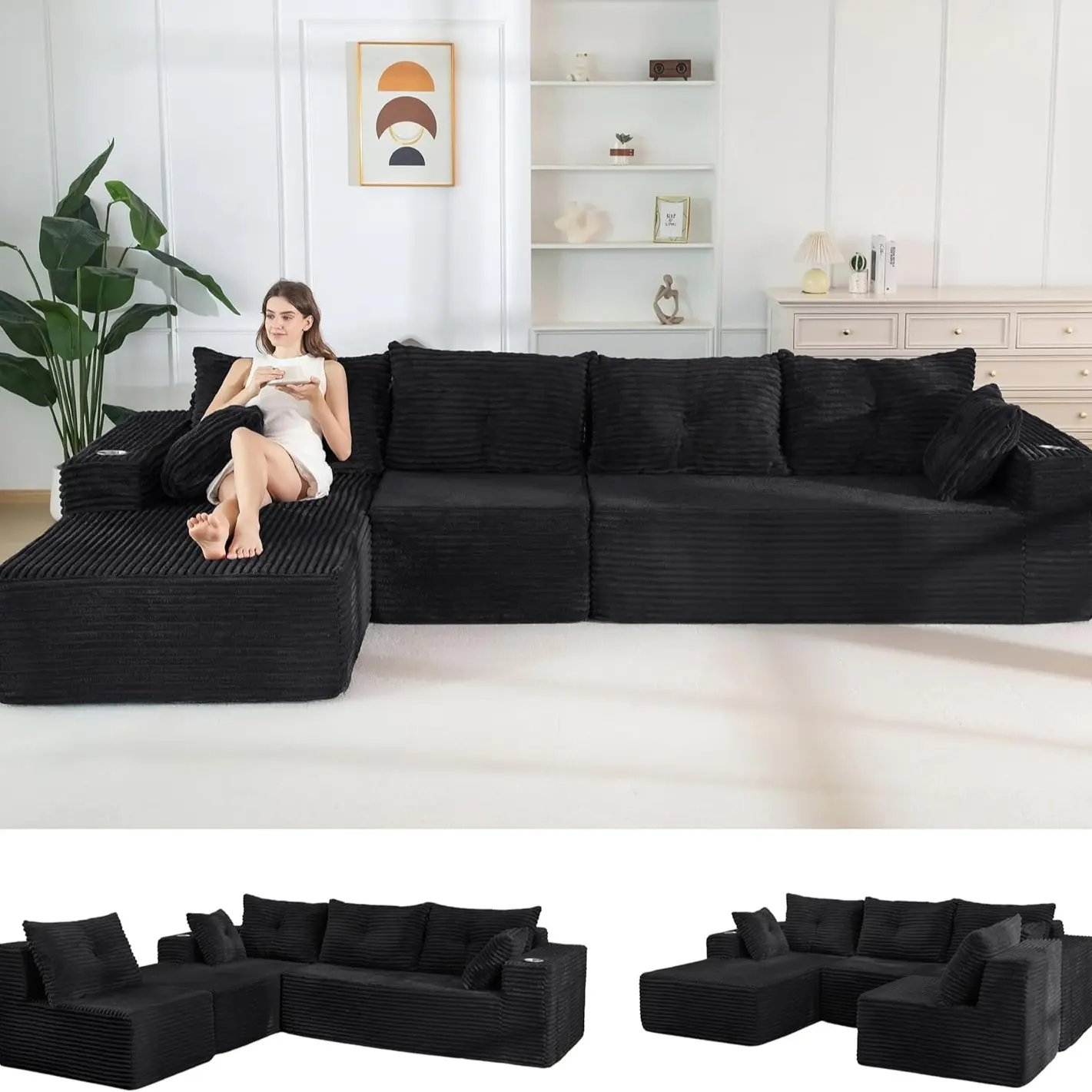 Black- 3 Seater+Left Facing Chaise