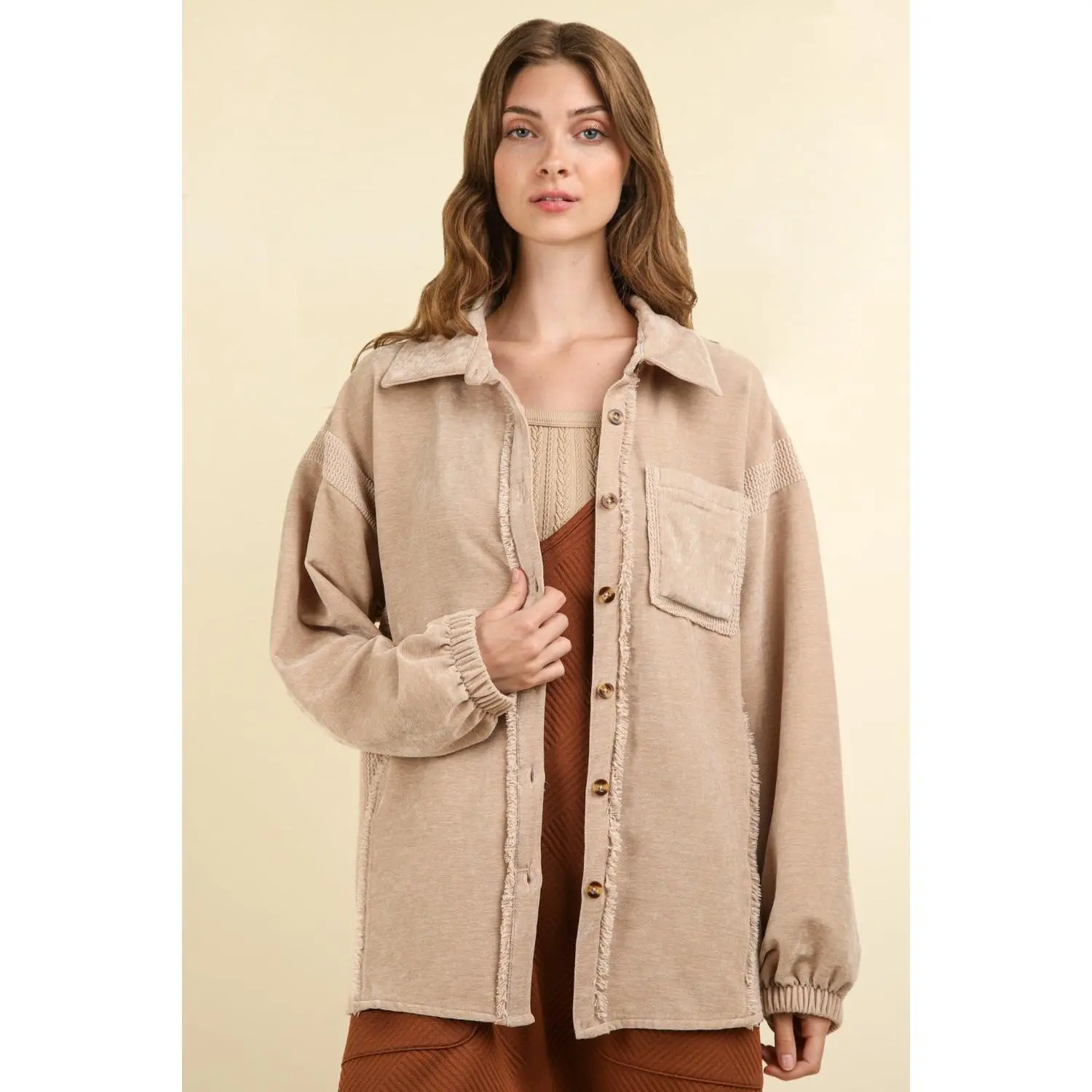 VERY J Mixed Media Button Down Raw Hem Shacket