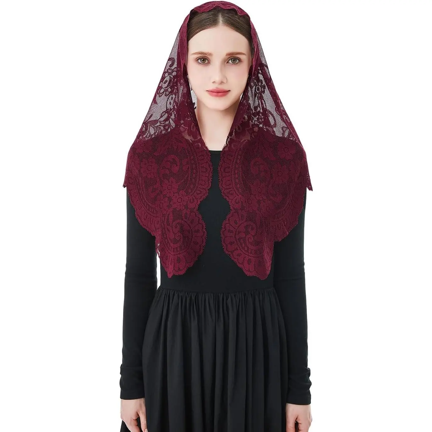 Wgior Elegant Veils for Catholic Church Lace Mantilla Chapel Veil for Women Traditional Prayer Headscarf,Religious Events