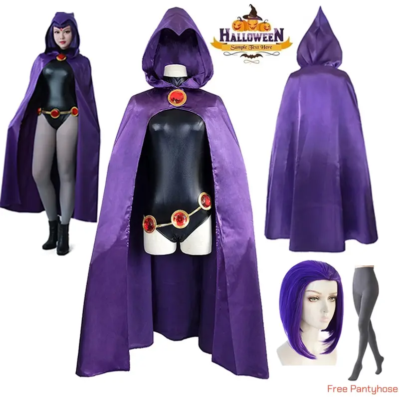 Women's Teen Titans Raven Cosplay Uniform - Jumpsuit and Cloak Combined with Purple Cloak, Belt-Included Halloween Costume, Matching, Women's Clothes, Lady, Party, Costume Set, Polyester, Pantyhose, Girlshalloween Costumes