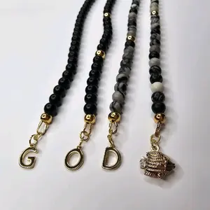 Custom Matte Black Men’s Bracelet – 14k Gold-Filled Initial, Zebra Stone, Fish Charm | Faith-Based Gift for Him