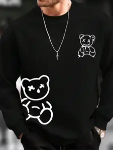 Men's Bear Print Drop Shoulder Sweatshirt, Cute Animal Sweatshirt, Regular Fit Casual Long Sleeve Round Neck Pullover for Spring & Fall, Fashion Men's Top for Daily Wear