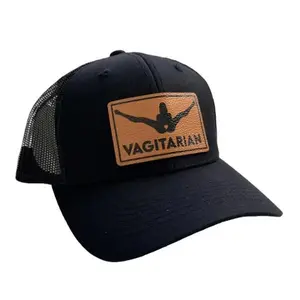 "Vagitarian" Funny Leather Patch Hat | Bold Humor Trucker Cap | Sarcastic Men's Snapback | Black Mesh Outdoor Cap, Viral Meme Gift for Husband