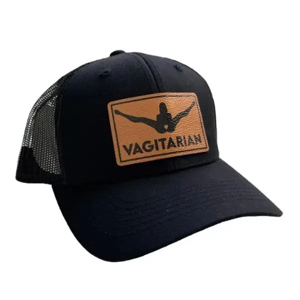 "Vagitarian" Funny Leather Patch Hat | Bold Humor Trucker Cap | Sarcastic Men's Snapback | Black Mesh Outdoor Cap, Viral Meme Gift for Husband