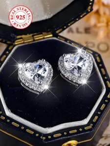 925 Sterling Silver Heart Shaped Stud Earrings, Artificial Zircon Earrings, Elegant Rhinestone Zircon Jewelry for Women & Girls, Trendy All-match & Exquisite Jewelry for Birthday Gift, Studs Earrings