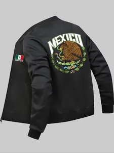 Men's Regular Fit Mexico Flag & Eagle Print Zip Up Bomber Jacket, Casual Comfy Long Sleeve Baseball Collar Outerwear for Daily Wear, Men's Clothing for All Seasons