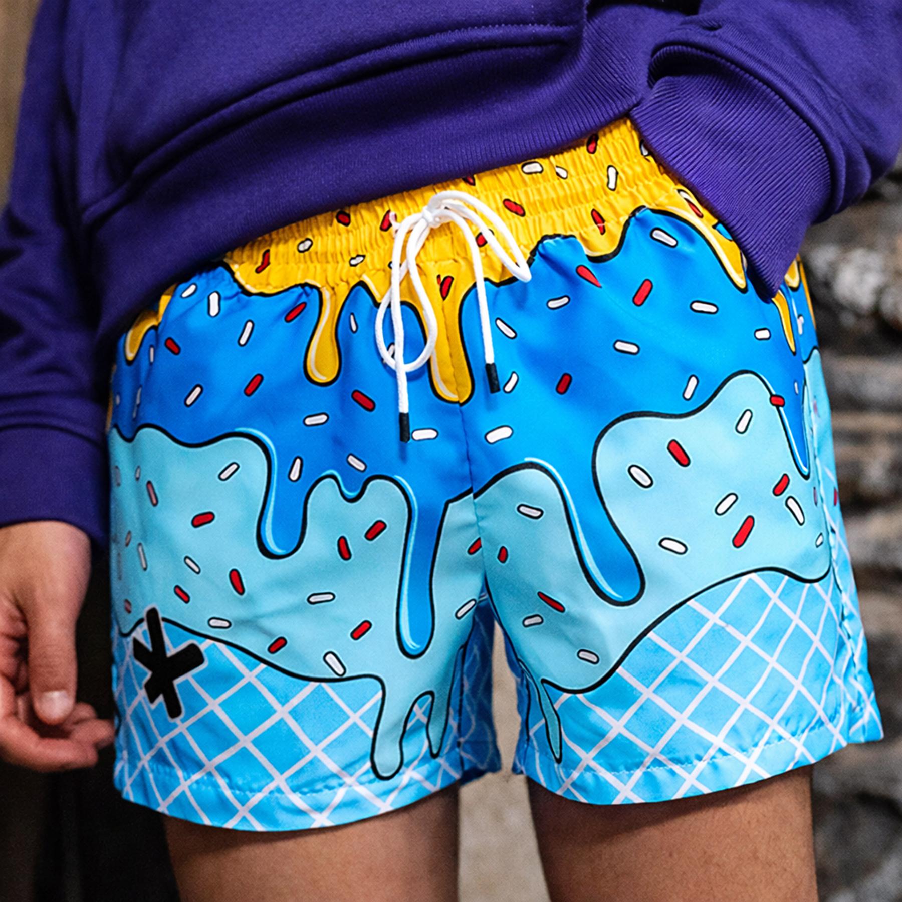 Mens Graphic Swim Trunks Y2K Ice Cream Drip Print Cartoon Beach Shorts All Over Sprinkle Doodle Elastic Drawstring Relaxed Fit Novelty Board Shorts Pop Art Streetwear Vacation Pool Party Resort Cruise Surf Water Park Festival Seaside Holiday Summer Outfit