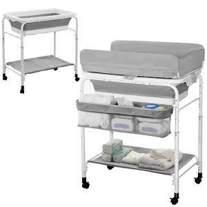 Dearlomum 2-in-1 Portable Baby Changing Table with Baby Tub Foldable Changing Station with Wheels Height Adjustable Diaper Changing Table for Infant and Newborn