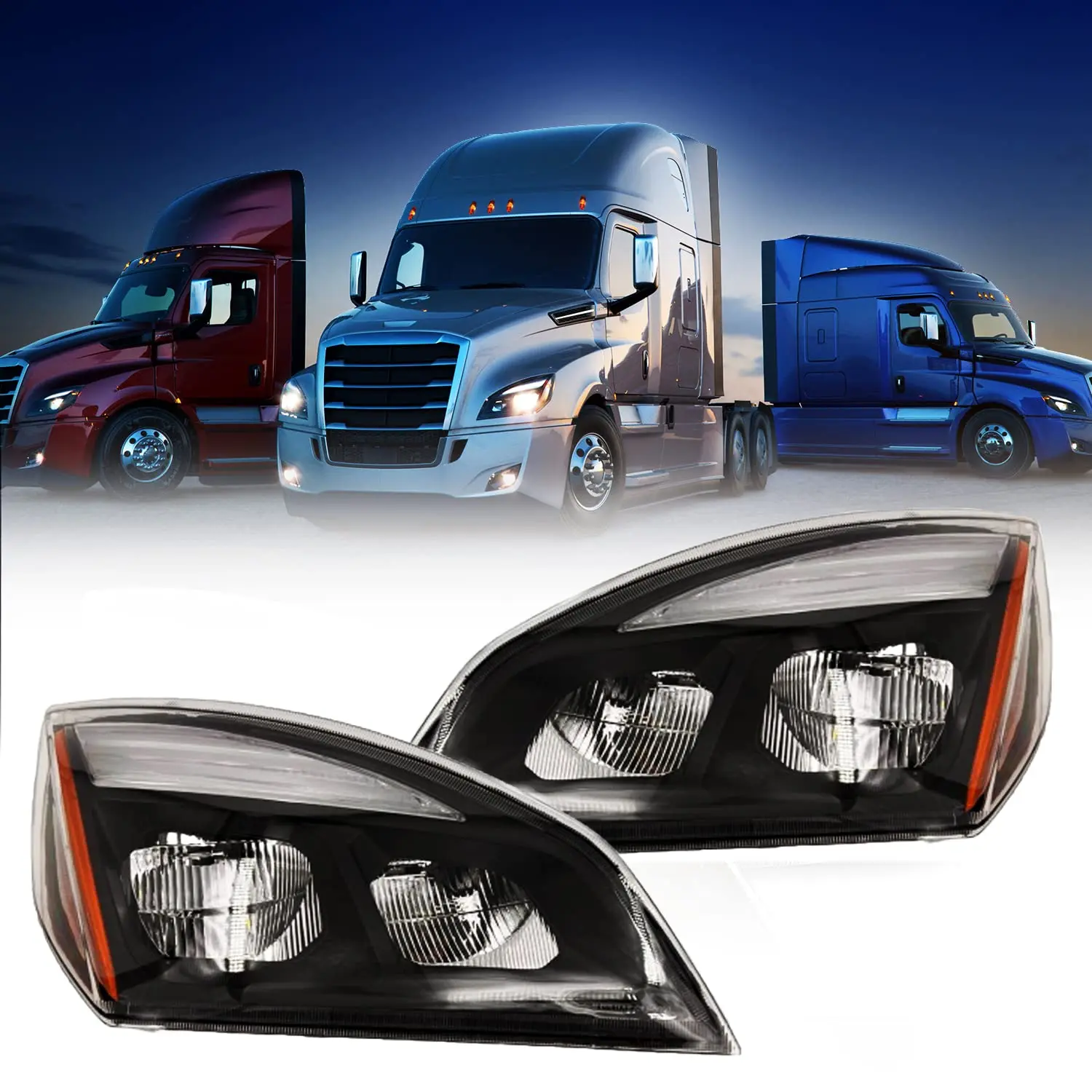 Torque Black Halogen Car Headlights Replacement Pair for 2018-2022 Freightliner Cascadia Semi Trucks, DOT SAE Approved, Driver Left & Passenger Right Side with All Bulbs Included (TRH319902BL & TRH319902BR), Dual Headlights