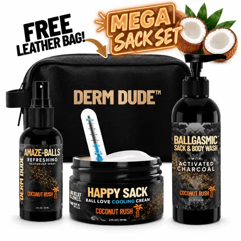 Derm Dude Coconut Rush Mega Sack Bundle Men's Antibacterial Body Care Kit - Ballgasmic Wash, Happy Sack Cooling Cream, Amaze Balls Deodorant Spray with Activated Charcoal, Aloe Vera, Tea Tree Oil, Peppermint for Daily Sensitive Skin