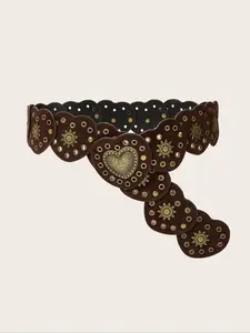 Women's Boho Heart Decorated Studded Belt, Vintage Trendy Belt, Fashionable Clothes Accessories for Daily & Party Decoration, Boho Style Belt