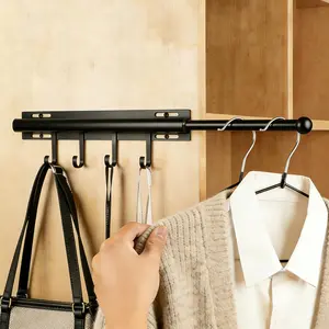 12in，Valet Rod，Valet Rod For Closet Pull Out，（Black） Closet Rod，Hanging Rod，Scalable Slide Out，Valet Hook，Contains 4 Hooks，Used For Wardrobes, Bathrooms, Laundry Rooms, Bedrooms, Wardrobes