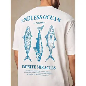 180g[100%cotton]Manfinity VCAY HIMLAND Men's Casual Fish Graphic Print Loose Drop Shoulder Crew Neck Short Sleeve T-Shirt, Suitable For Outdoor, Home, Dating, Beach, White Fun T-Shirt, Summer, Men Gifts, Oversized Beach T-Shirt, Spring Tops