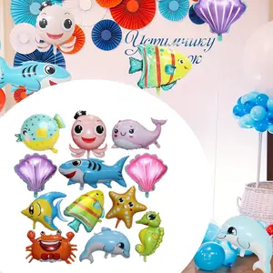 12 pieces Large Cute Sea Animal Balloons Octopus Shark Fish Dolphin Hippocampus Crab Scallops Foil Balloons for Boys Girls Sea Underwater Animals Theme Party Decoration
