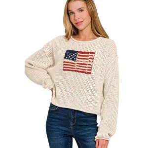 Zenana Women's American Flag Crew Neck Sweater, Breathable 100% Cotton Knit Style with Rolled Edges, Sweatshirt