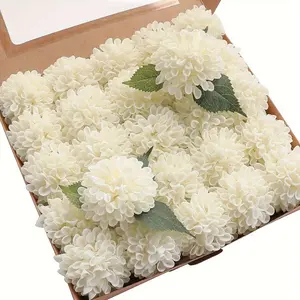 25Pcs White Artificial Flowers Fake Silk Dahlia Chrysanthemum Ball Flowers for DIY Bridal Wedding Bouquets Centerpieces Arrangements Decor (No Box)
