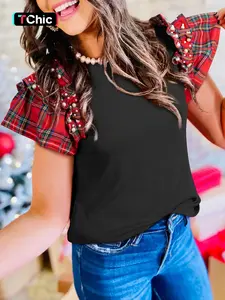Plaid Pearl Ruffle Short Sleeve Loose T-Shirt, Casual Summer Top, Women's Fashion Tee, Comfortable and Stylish, Perfect for Daily Wear