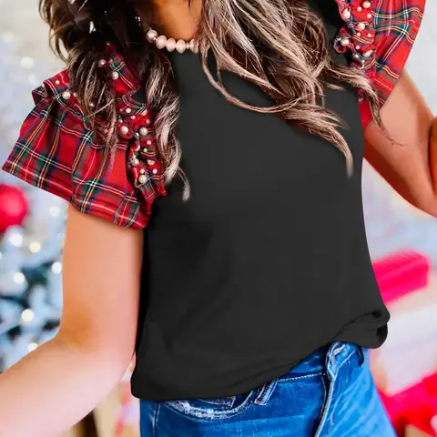 Plaid Pearl Ruffle Short Sleeve Loose T-Shirt, Casual Ruffled Summer Top, Women's Fashion Tee, Comfortable and Stylish, Perfect for Daily Wear