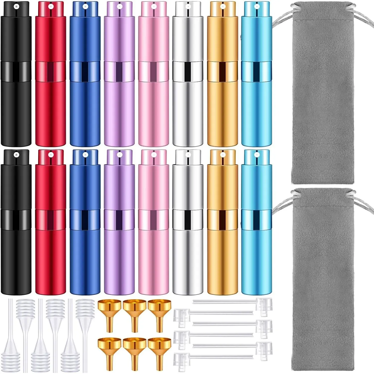 16-Pack 8 ml Aesthetic Lightweight Compact Mini Travel Perfume Atomizer Refillable Empty Spray Bottles with Funnel, Dispenser, Pipettes, Bag for Daily Use (Multicolor)