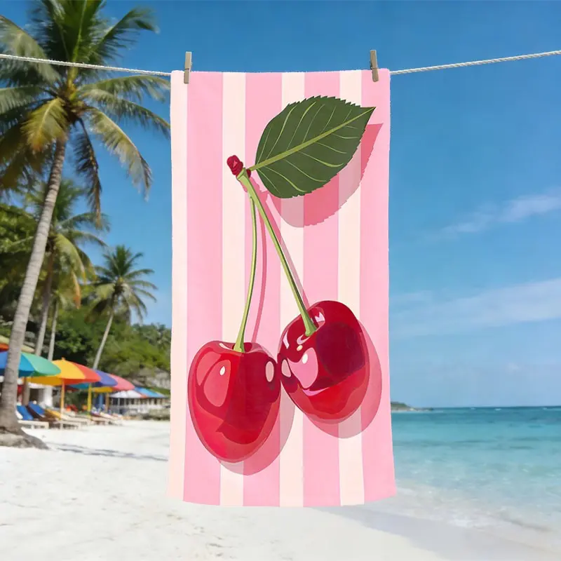 Vintage Realistic Cherry Beach Towel, Striped Towels, Flat Print, Fresh Fruit Style, Lightweight Soft Quick Dry, Sun Protection