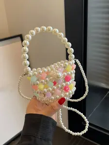 Handmade beaded love glass handbag, small colorful glass with pearl chain shoulder strap, personality versatile sweet  simple  exquisite single shoulder bag suitable for daily commuting, shopping and dating.