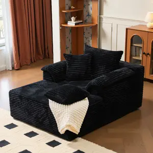 Oversized Chaise Lounge Indoor Sofa Bed Corduroy Upholstered Plush Lazy Chair with 3 Throw Pillows & Armrests for Living Room Apartment Cozy Comfort