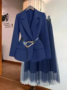 Women's Elegant Chic Fashion Party Set, Spring Summer New Design, Includes Belted Fitted Top, Jacket & Mesh Skirt, Perfect for Parties