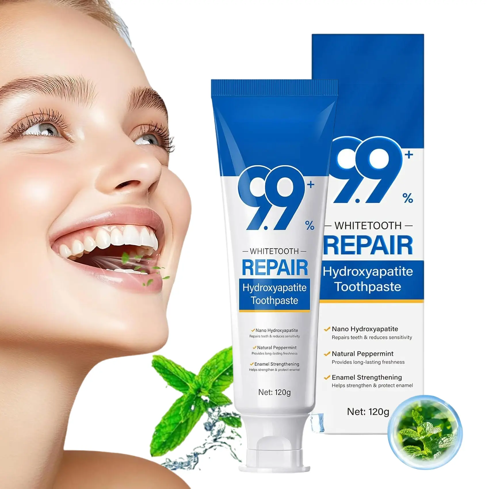 9.9% Nano Hydroxyapatite Toothpaste, Fluoride Free Enamel Repair Remineralizing Paste, Natural Mint Breath Freshening Oral Care Product for Sensitive Teeth Adults Kids
