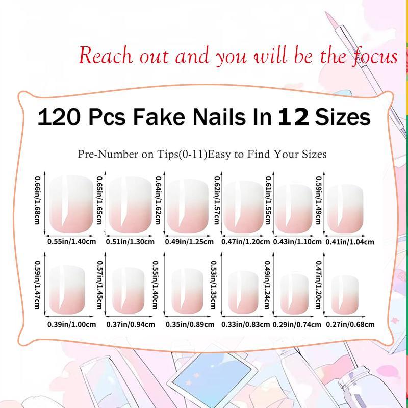 Ombre Square Fake Nail, Short Press on Nails, Cute Square False Nail Tips, Stick on Artificial Fingernails, Nail Extension Diy, Suitable for Women and Girls
