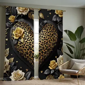 2-Piece Leopard Rose Heart Print Curtains, Home Decoration Curtain, Fashionable Rod Pocket Window Drapes for Bedroom & Living Room, Comfortable Atmosphere, Easy Installation