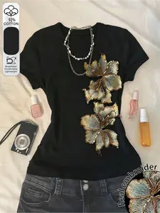 Women's Sequined Floral Graphic Round Neck Short Sleeve Casual Cotton T-Shirt, Retro Style, Without Button, with Collar, Top