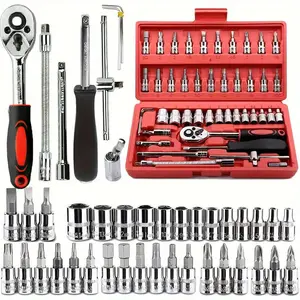 Professional 1/4" Drive Socket Set 46Pcs Chrome Vanadium Steel Tools for DIY & Auto Repair with Ratchet Handle & Quick Release Features