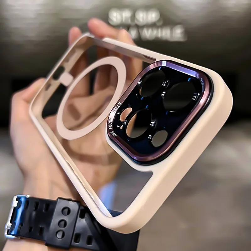 Transparent Metal Camera Bumper Case for iPhone 16 Pro Max 15 16 Plus 17Air 17 11 13 14 15 Pro Max with Magsafe Magnetic Clear Phone Cover Shockproof Protection Screen Protector Casing Smartphone
