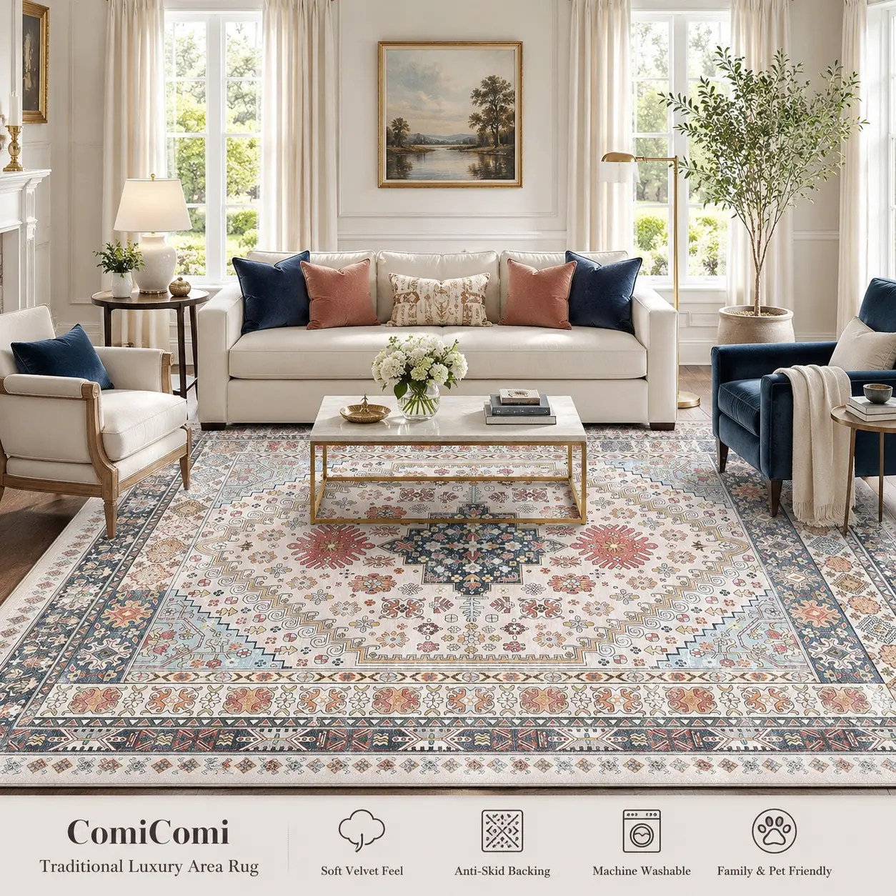 ComiComi Ivory Blue Vintage Boho Medallion Area Rug, Soft High-Density Low Pile, Machine Washable Rug, Non-Slip TPR, Water&Stain Resistant Rugs for Living Room, Bedroom, Kids Room,Perfect for Pets&Kids