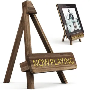 NiHome Now Playing Retro Wood Vinyl Record Stand, Stylish Vinyl Display Holder Home Décor, Multifunctional Organizer for Albums, Records, Magazines and Photos