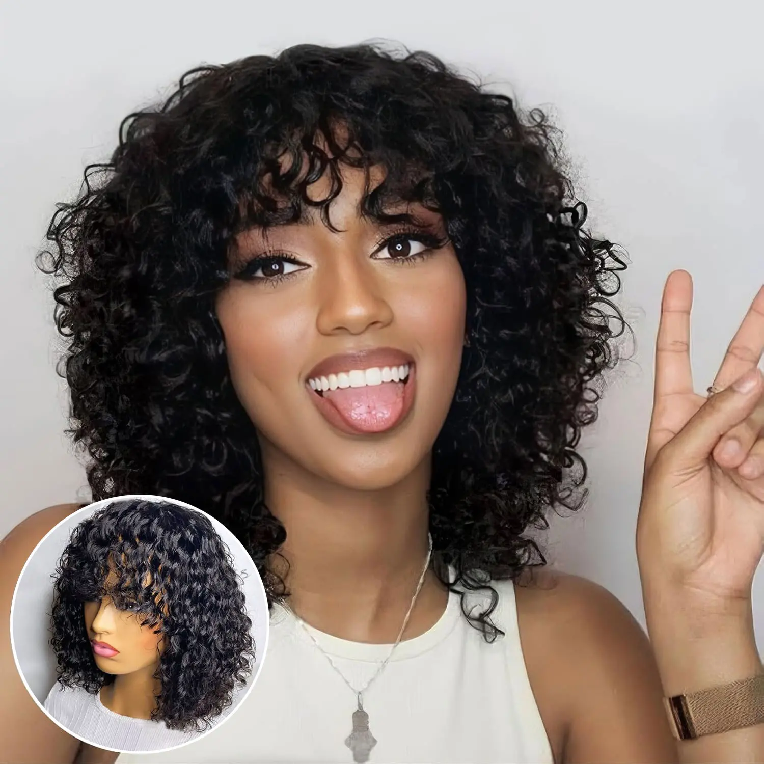 [Live Only Deal]ShowRealHair 12 Inch Short Water Wave Wig With Bangs, 200% Density Thick Jerry Curly Human Hair Wig, Glueless Full Machine Wear And Go Wig For Women