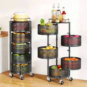 Kitchen Fruit and Vegetable Basket, Rotating Storage Rack, 5-Tier Rolling Cart with Cover, Large Wire Wheels, Black Room Hollow Organiser Steel