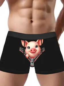 BIIHUDU Men's Pig Face & Zipper Fly Underwear Boxer Briefs, Print Boxershorts - Animal Print Full Coverage Briefs with Eyes & Ears, Soft Polyester Novelty Underpants for Themed Parties & Casual Attire, Hand Wash or Dry Clean, Medium Stretch Fabric
