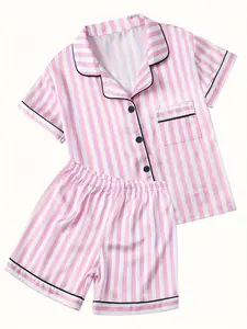 Kids Pink White Stripe Satin 2 Piece Pajama Set Short Sleeve Button Down Sleepwear for Boys & Girls, Ideal Kids Girl Stuff & Kids Stuff, Cute Teen Girl Clothes, Soft Comfy PJs 5-14Y, Pajama Lounge Sets, Pastel Cute Pajamas