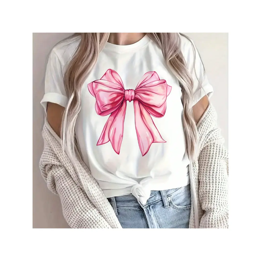 Womens Cotton Short Sleeve Graphic Tee Pink Bow Print Cute Coquette Aesthetic Soft Everyday Shirt For Casual Streetwear Summer Outfit And Layering