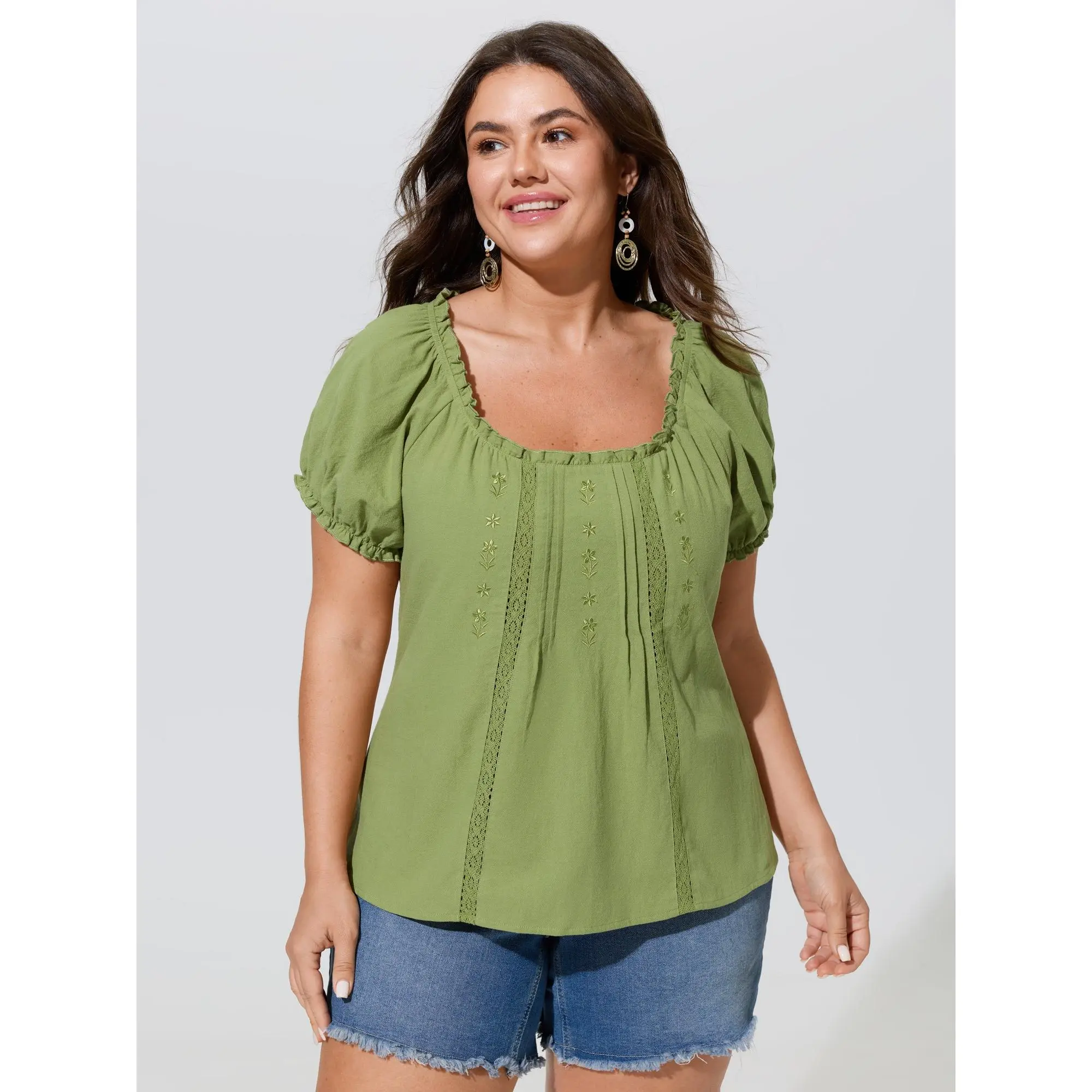 BLOOMCHIC Women's Plus Size Cotton Blouse - Smooth Spandex Garment, Floral Embroidery, Eyelet Lace Trim, Fitted Sleeve, Summer 2026 [M-6X], Lady